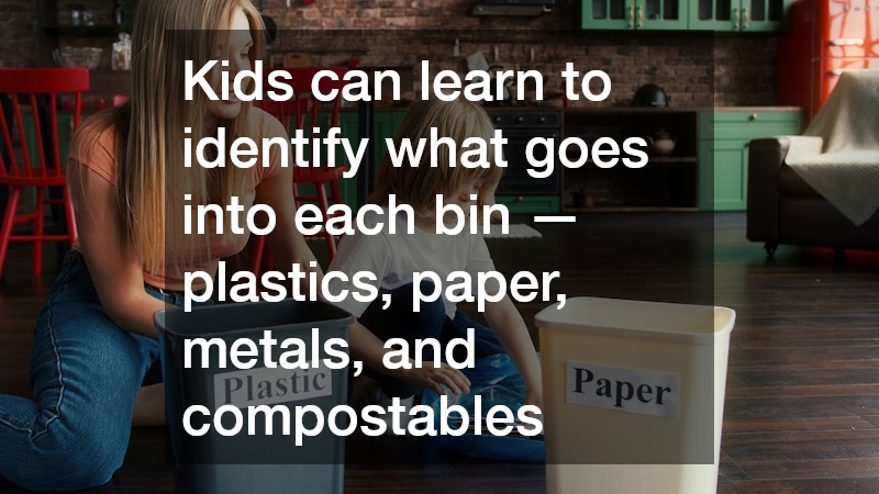 mother segregating trash with son at home