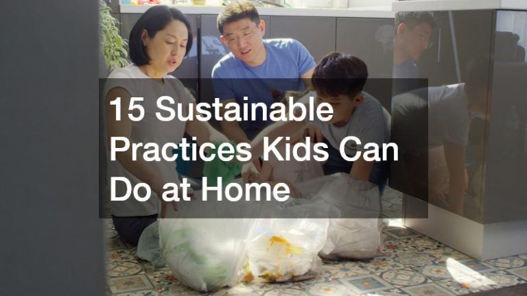 parents segregating garbage with son at home