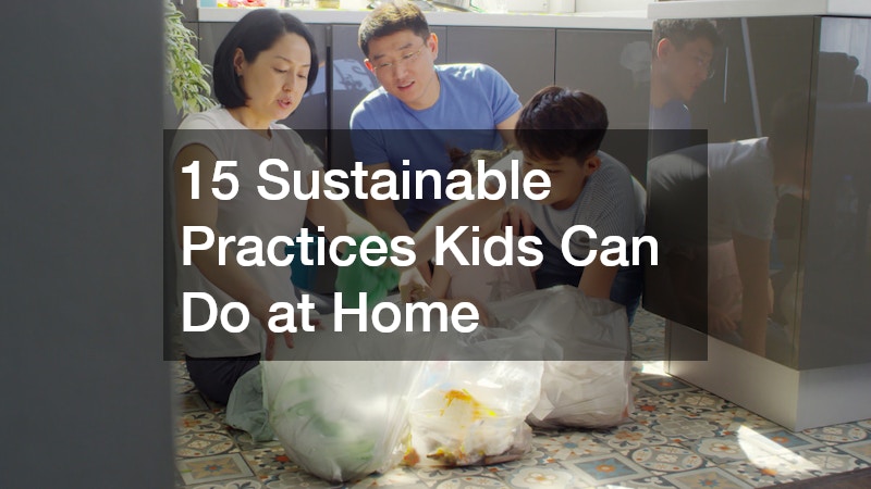parents segregating garbage with son at home